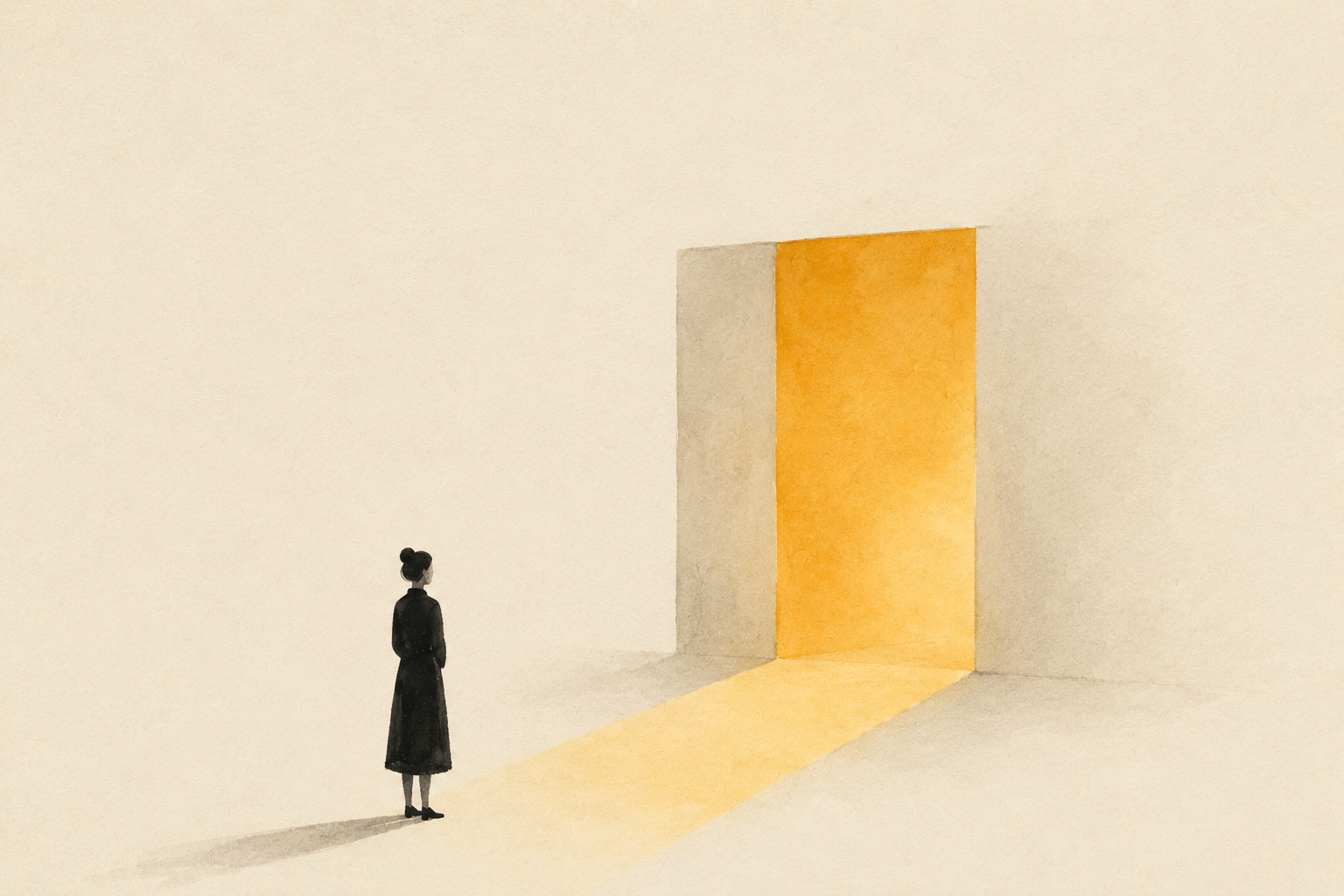 Ilustración editorial: una figura pequeña observa una gran puerta circular inspirada en Google entreabierta en medio de un espacio vacío, mientras una luz ámbar atraviesa el suelo de papel crema.