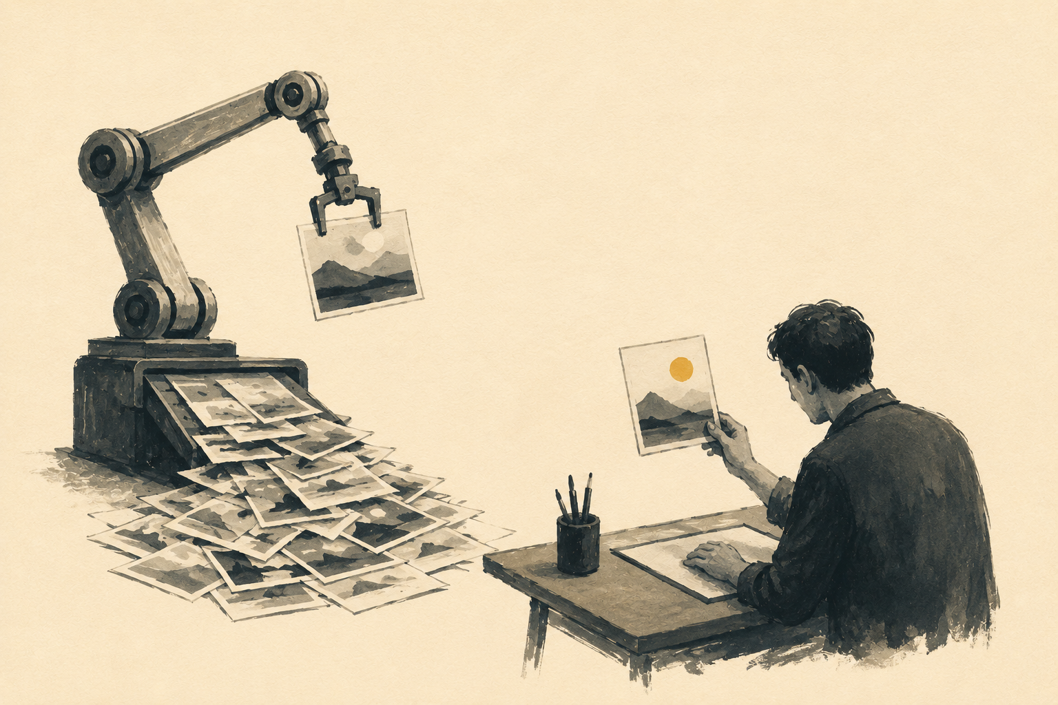 Una persona selecciona cuidadosamente una única imagen entre decenas de ilustraciones producidas en serie, una metáfora visual sobre la diferencia entre generación de imágenes con IA y criterio creativo humano.