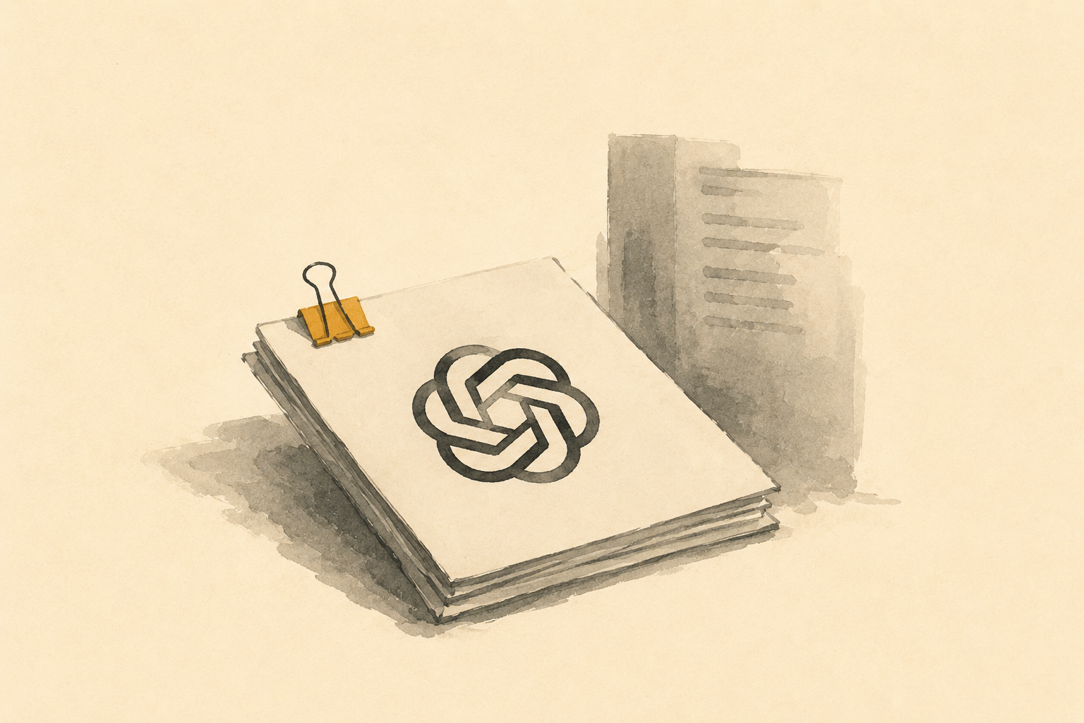Ilustración editorial de un expediente con el símbolo de OpenAI que representa la posible salida a bolsa de OpenAI y su transición hacia una mayor transparencia corporativa.